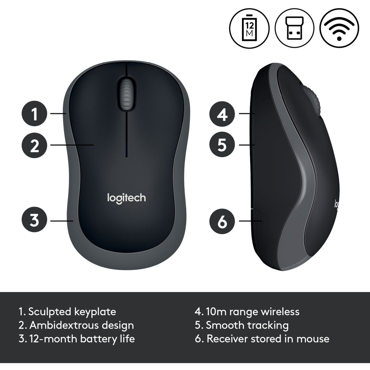 Muis logitech m185 grijs, zwart