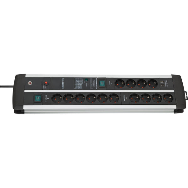 Brennenstuhl Premium-Protect-Line 14-way Extension Lead with Surge Protection and USB Ports (USB A Ports 5V 3.10A, 15.5W, 2 Switches, 3m Cable, Made in Germany)