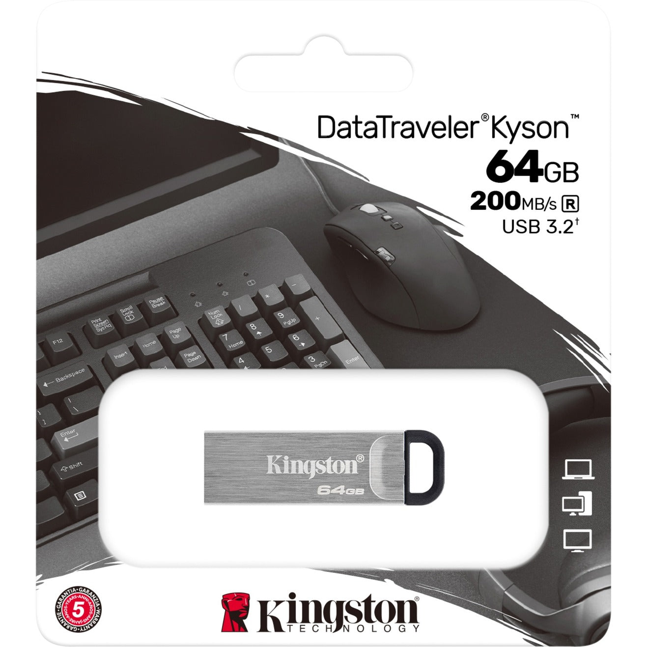 Kingston dtkn 64gb datatraveler kyson, 64 gb, usb 3.2, 200 60 mb s, zonder dop, zilver