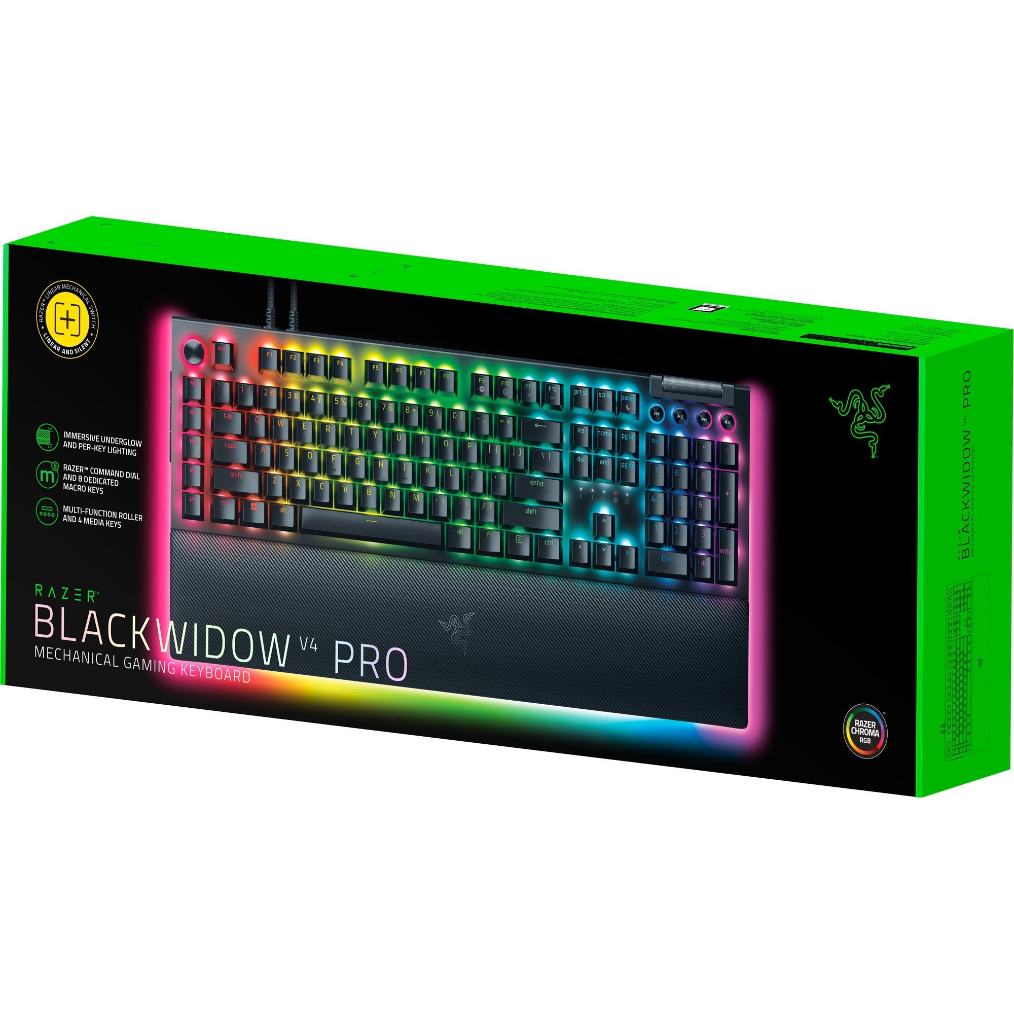 Razer blackwidow v4 pro rgb mechanisch gaming toetsenbord (zwart, us lay-out (qwerty), yellow, 100%)
