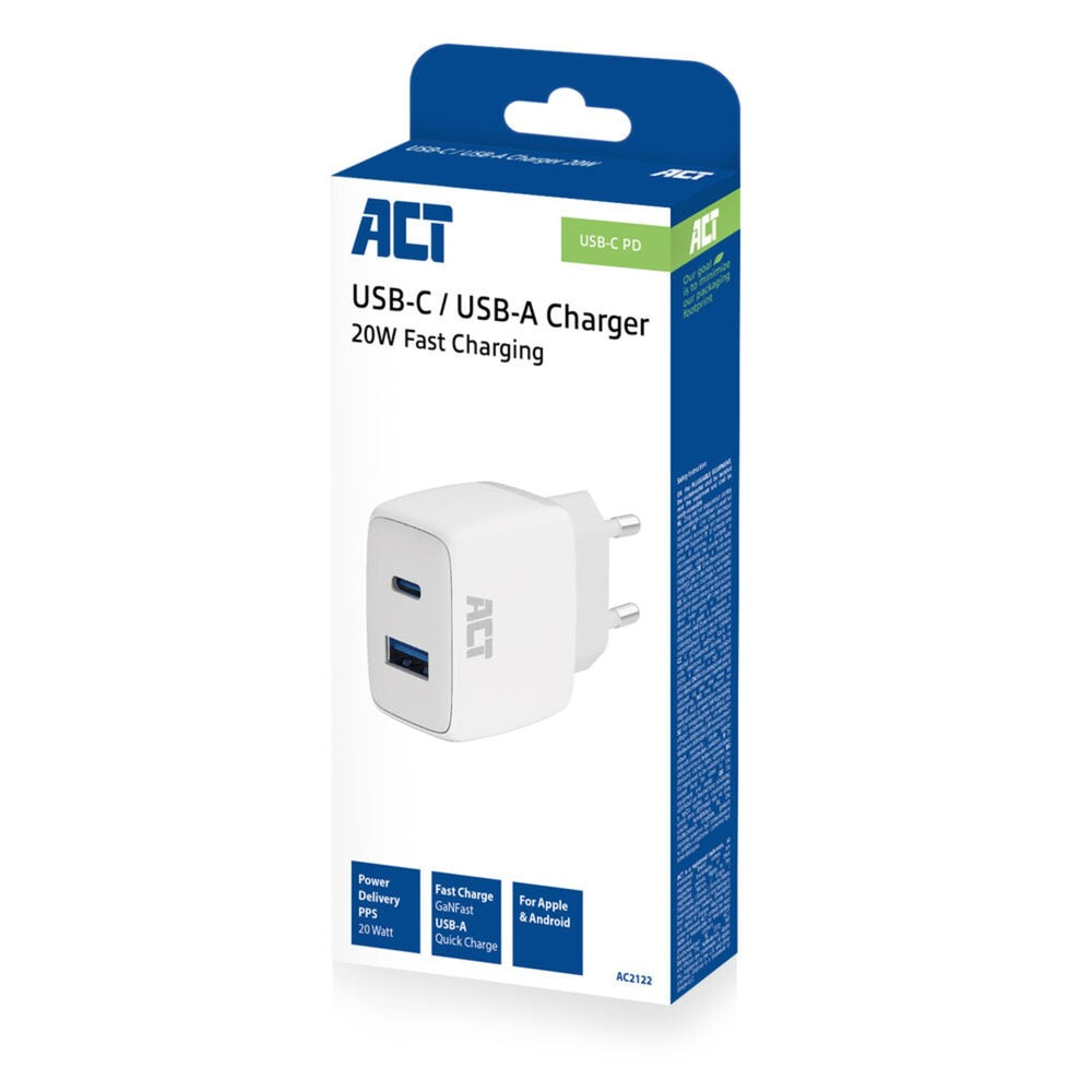ACT Connectivity USB-C USB-A lader 20W met Levering PPS, Qu