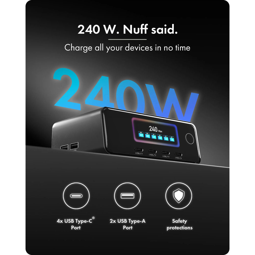 Icy box 240w gan oplaadstation (zwart, 4x usb-c, 2x usb-a)