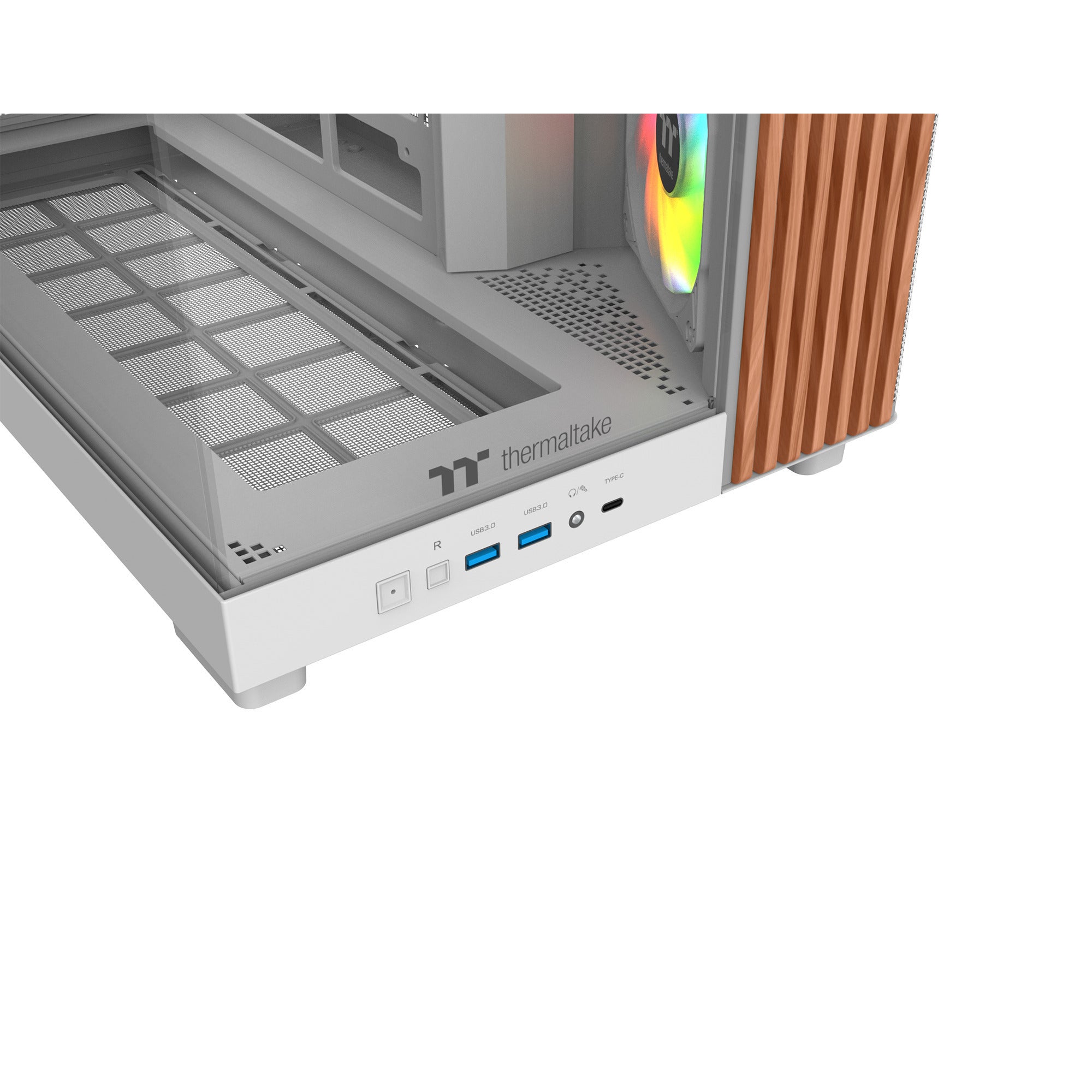 Thermaltake view 380 xl ws argb midi tower behuizing (wit houtkleur | 2x usb-a | 1x usb-c | rgb | tempered glass)