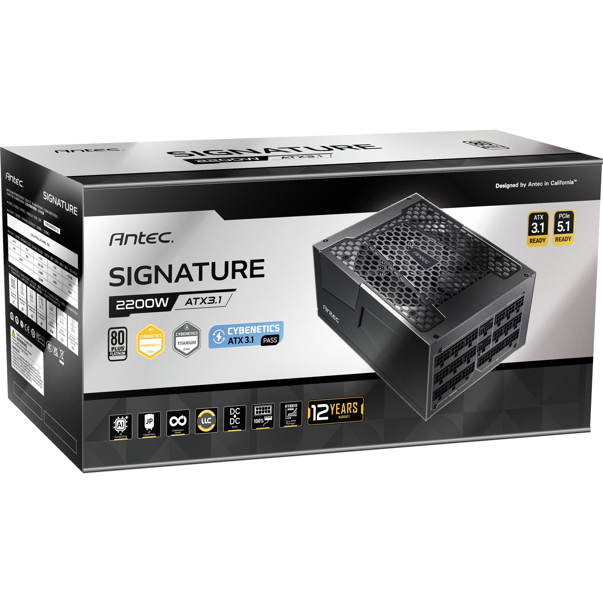 Antec signature 2200 platinum atx3.1 modulaire 2200 watt voeding (zwart, 2x 12v-2x6, 6x pcie)