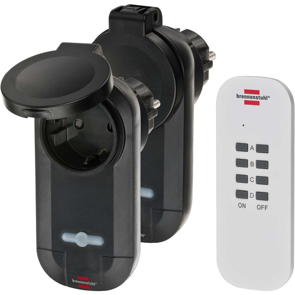 Brennenstuhl Wireless Switch Set RC CE1 0201, 2 Wireless Sockets (Outdoor IP44, with Handheld Transmitter and Increased Contact Protection) Black