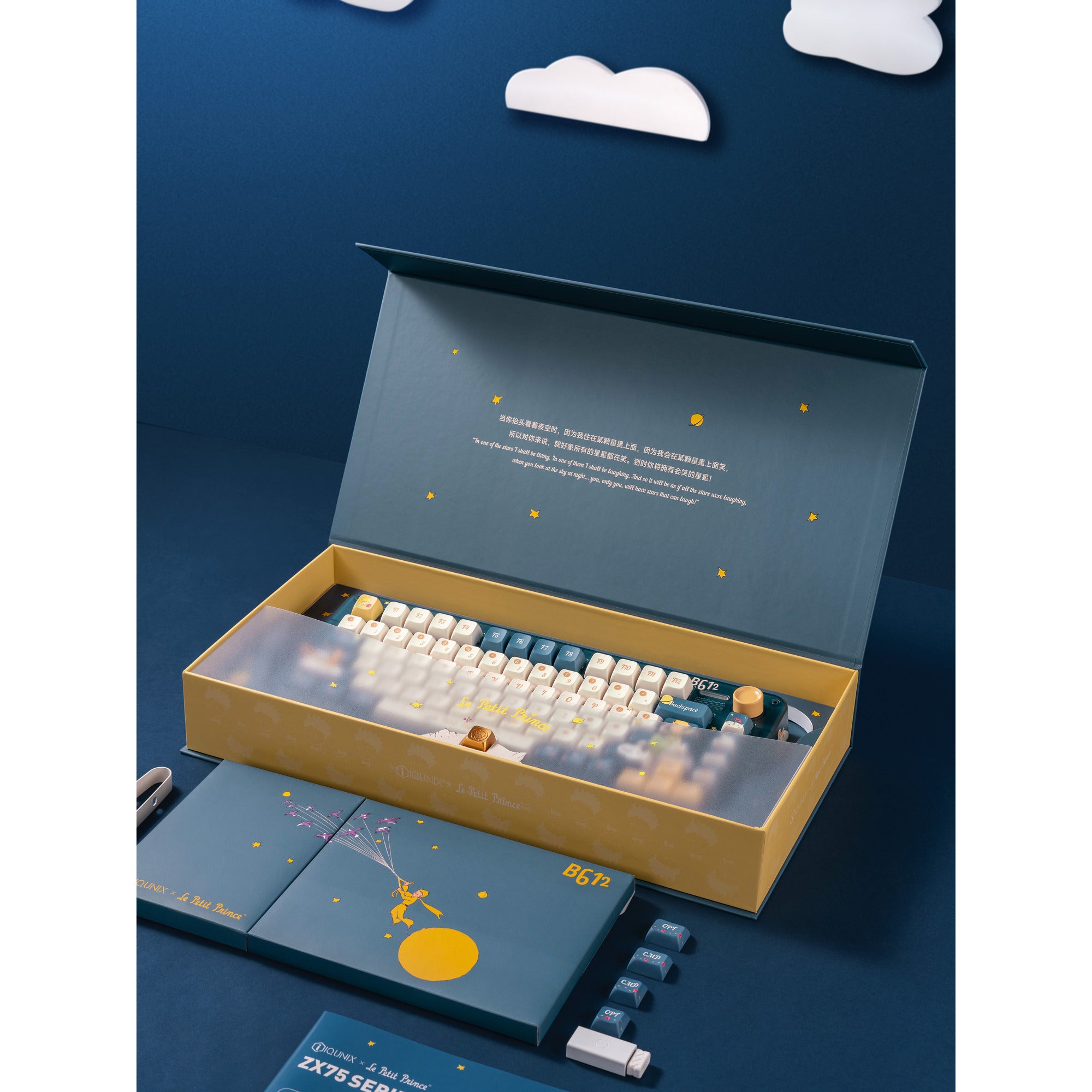 Iqunix zx75 sky encounter wireless mechanical keyboard (blauw, us lay-out (qwerty), iqunix little prince, 75%, rgb leds, hot-swappable, double-shot pbt, 2.4ghz | bluetooth 5.1 | usb-c)