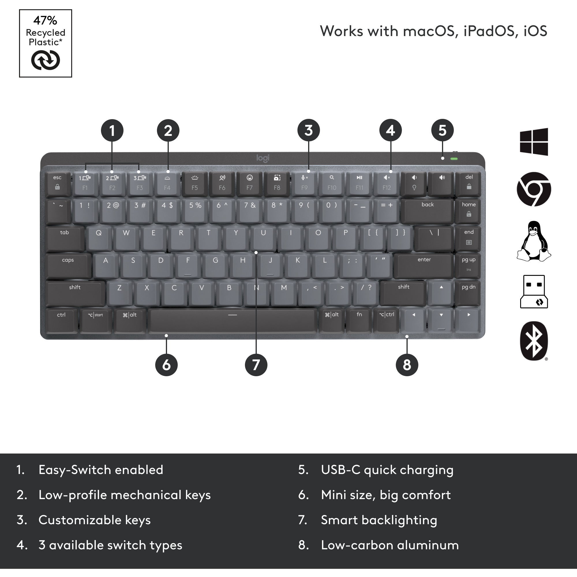 Logitech mx mechanical mini toetsenbord (zwart, us-international lay-out (qwerty), gl tactile, 80% (tkl), bluetooth)