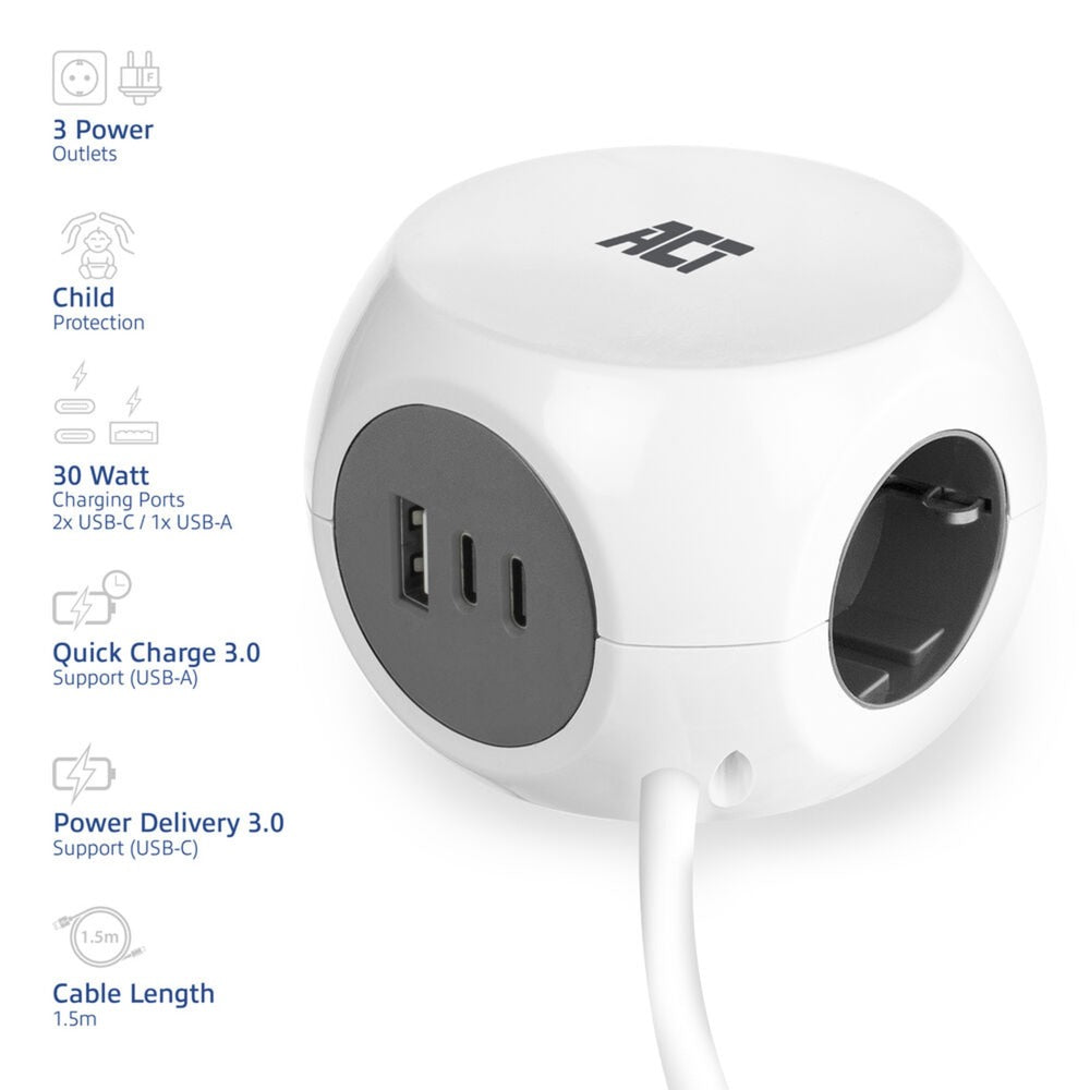 Act connectivity act stekkerdoos kubus met 3 stopcontacten, 30w power delivery usb-c a poorten, kabellengte 1,5m ac2420