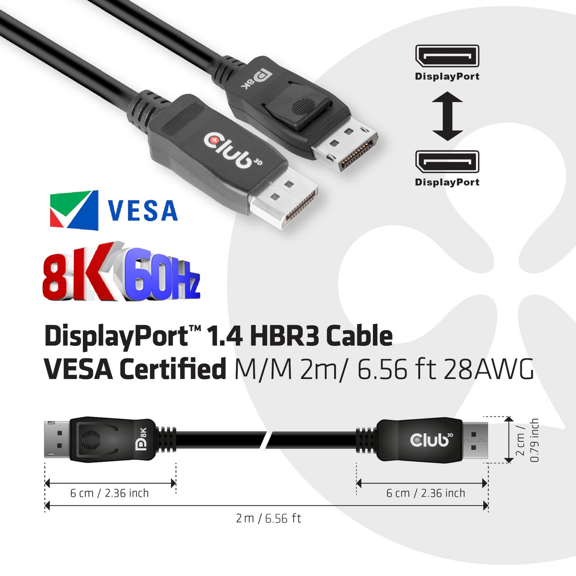 Club 3D DisplayPort 1.4 HBR3 Cable (Black, 2 Meter, 8K)