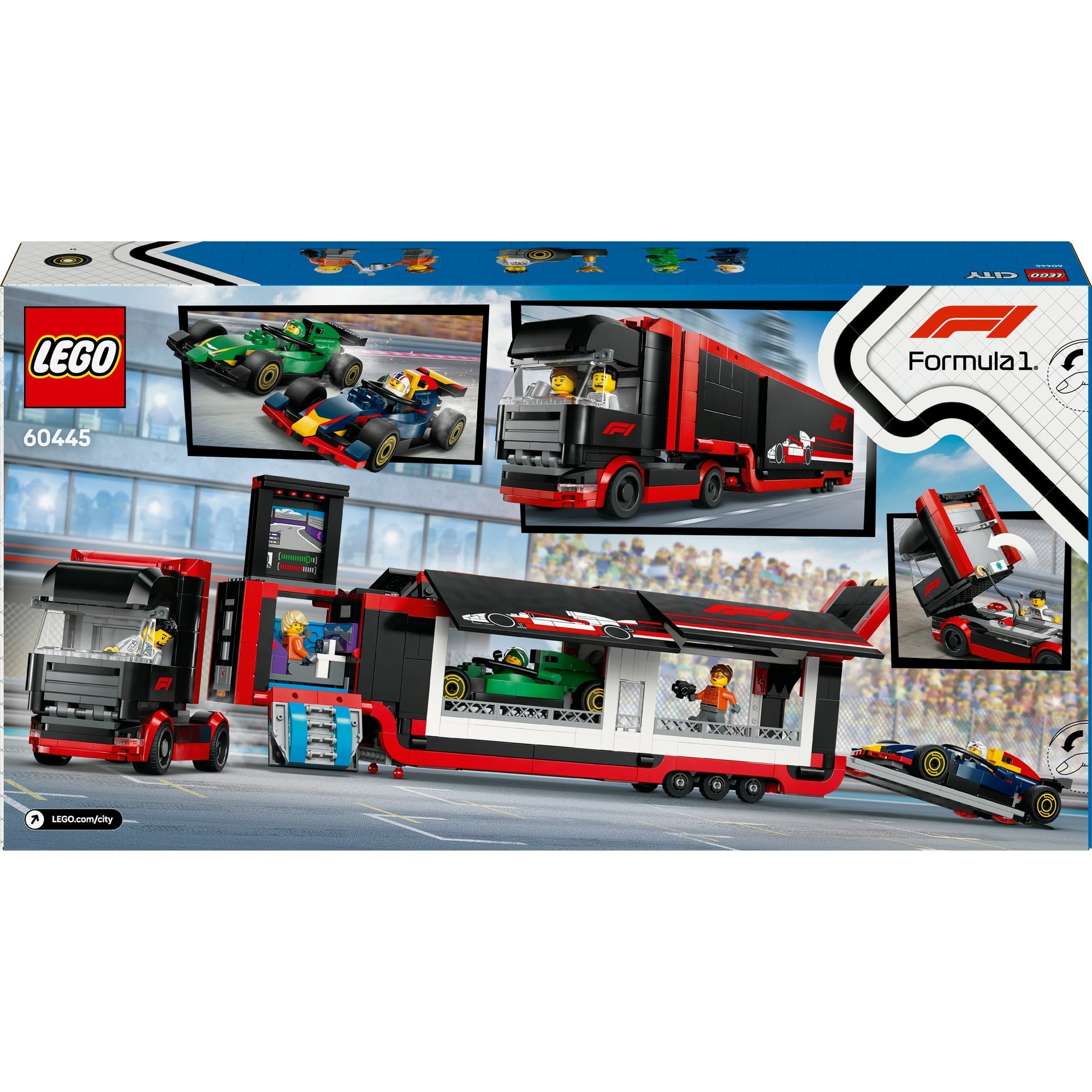 Lego city 60445 f1 vrachtwagen met rb20 en amr24 f1 auto's
