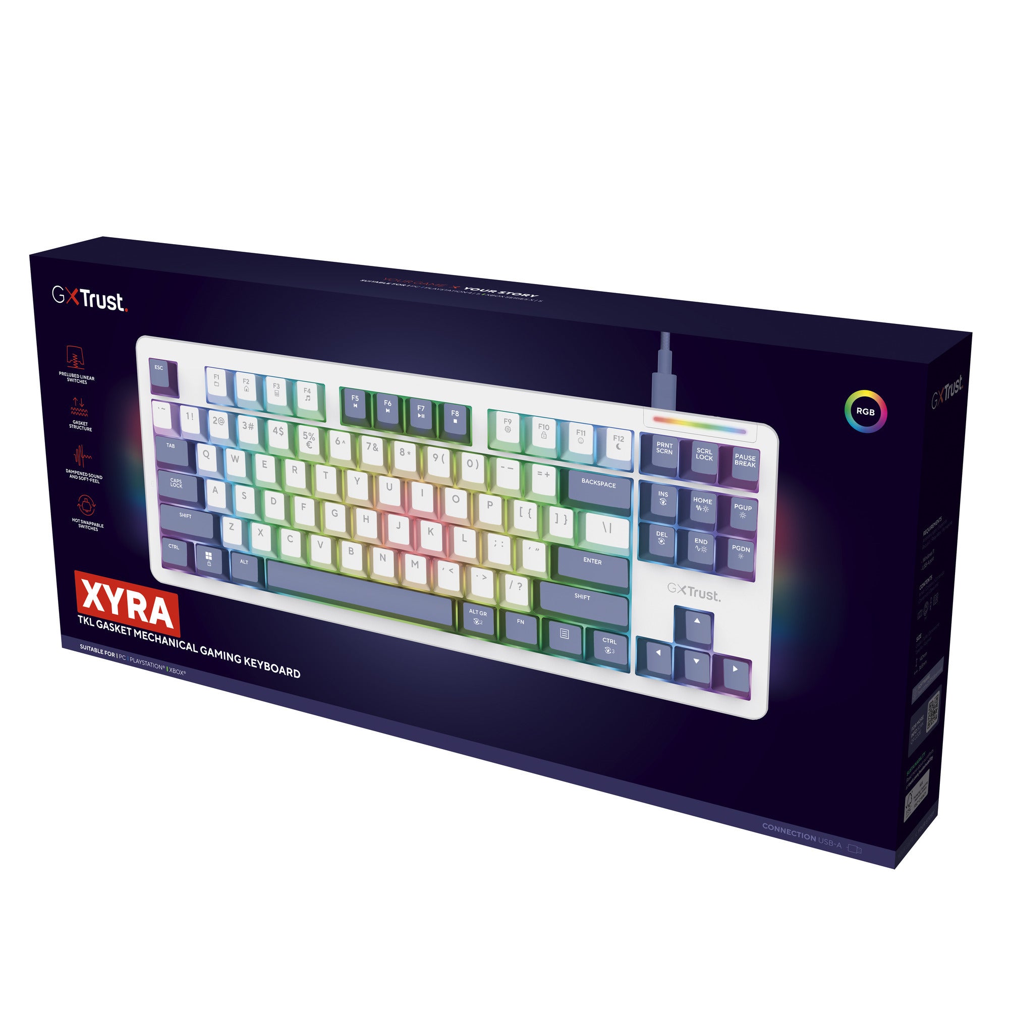 Trust gxt 872 xyra mechanisch tkl-gamingtoetsenbord (wit, us lay-out (qwerty), leobog seiya, 80% (tkl), rgb, hot swap)