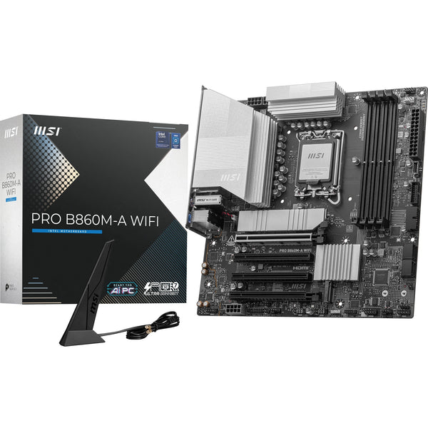Msi pro b860m-a wifi socket 1851 moederbord (zilver, raid, 5gb-lan, wi-fi 7, bt, sound, µatx)