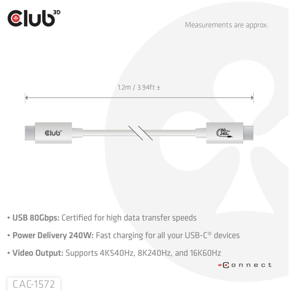 Club 3D USB-C 80Gbps gecertificeerd 240W 8k 240Hz