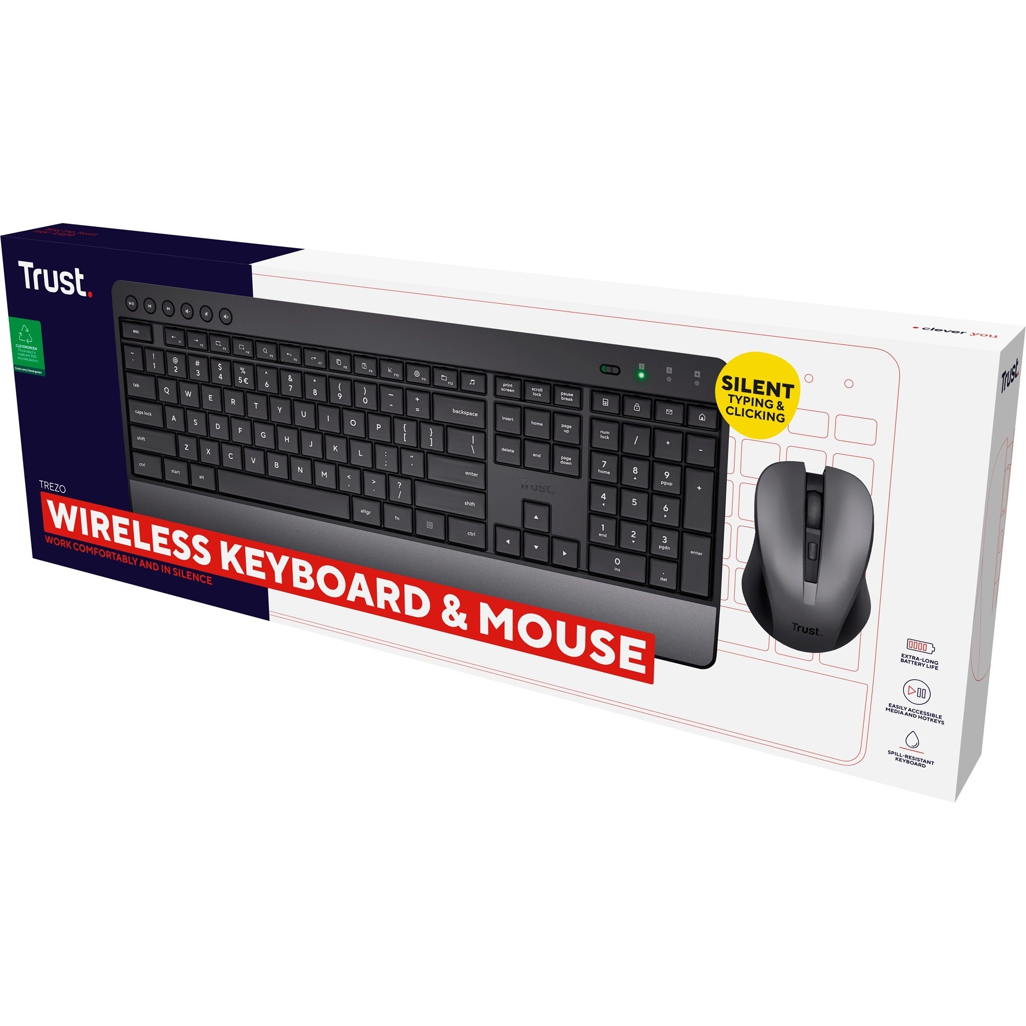 Trust trezo comfort draadloze toetsenbord- en muisset desktopset (zwart, us lay-out (qwerty), 100%)