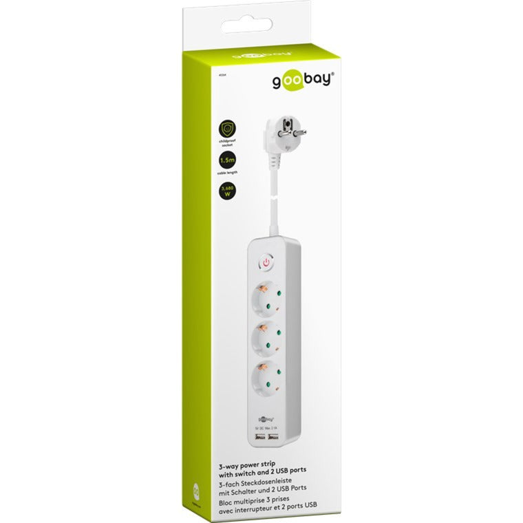 Goobay 3-way Power Strip with Switch and USB Power Strip (white, 1.5 meter cable, 2x USB-A)