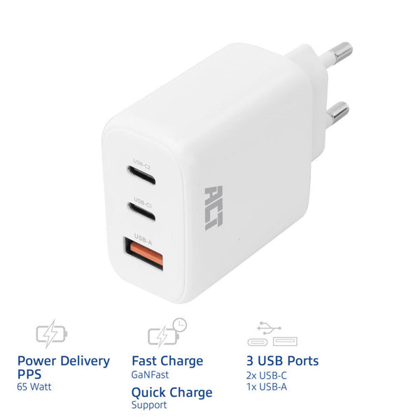 Act connectivity usb-c usb-a lader 65w 3-poorts met power delivery pps, quickcharge en ganfast (wit, 2x usb-c, 1x usb-a)