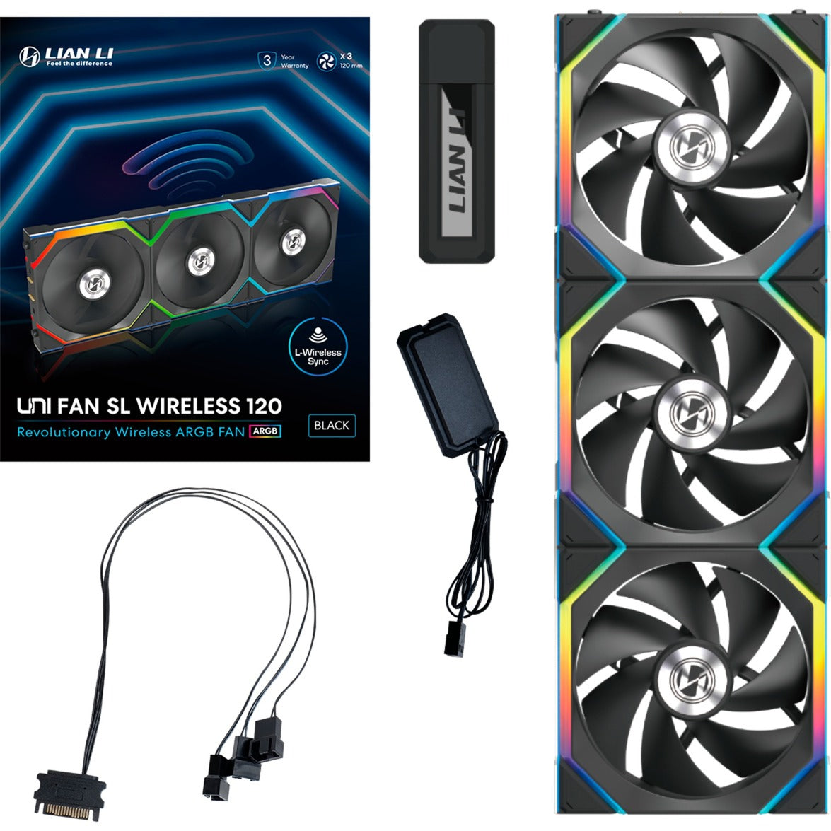 Lian li uni fan sl120 wireless rgb case fans (zwart, 3 stuks, 120 x 124.5 x 28 mm, pwm)