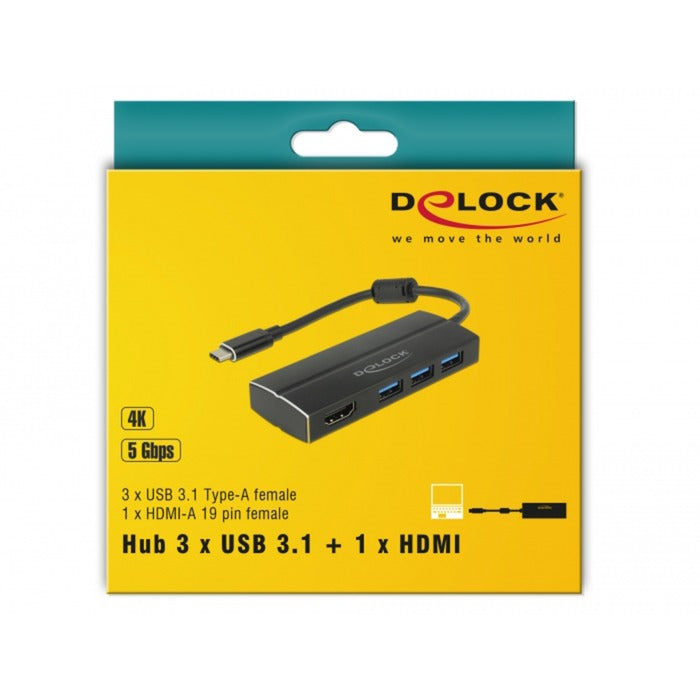 Delock usb-c 3.1 > 3x usb-a 3.0 hub + hdmi usb-hub (zwart, 0,15 meterr, 4k)
