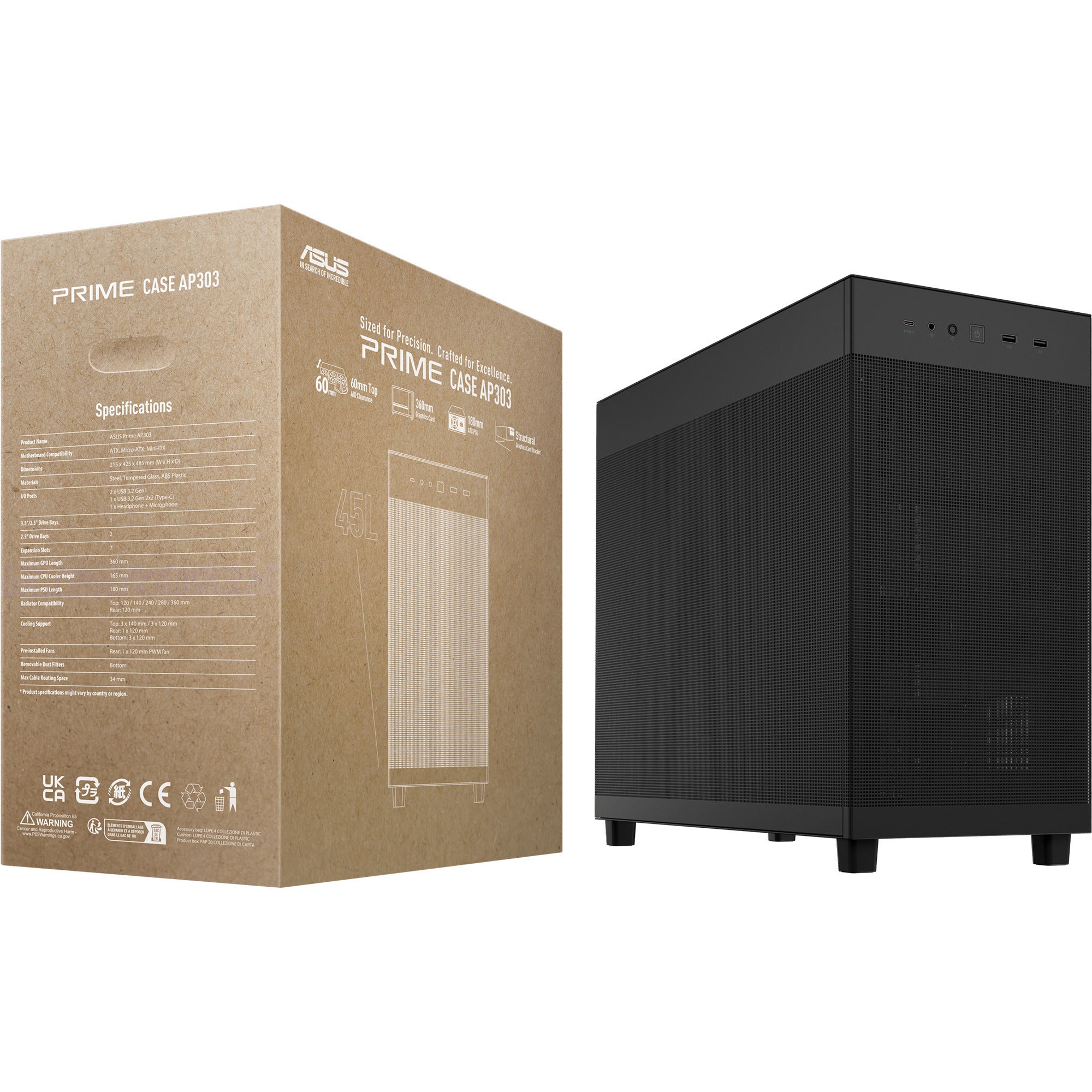 Asus prime ap303 - mesh panel midi tower behuizing (zwart | 2x usb-a | 1x usb-c)