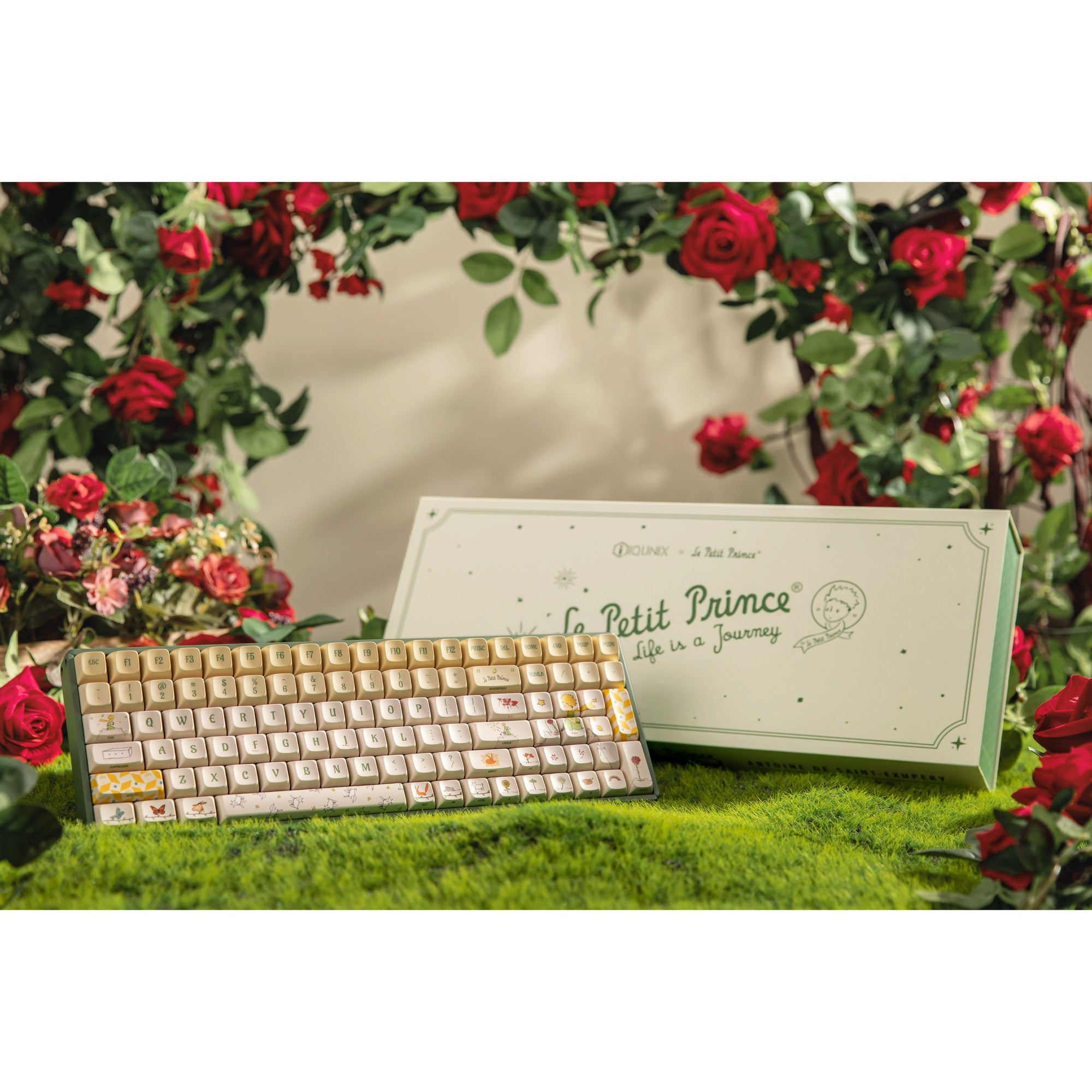 Iqunix f97 floral date, gaming toetsenbord (groen wit, us lay-out, gateron red, rgb leds, 96%, hot-swappable, pbt, 2.4ghz | bluetooth 5.1 | usb-c)