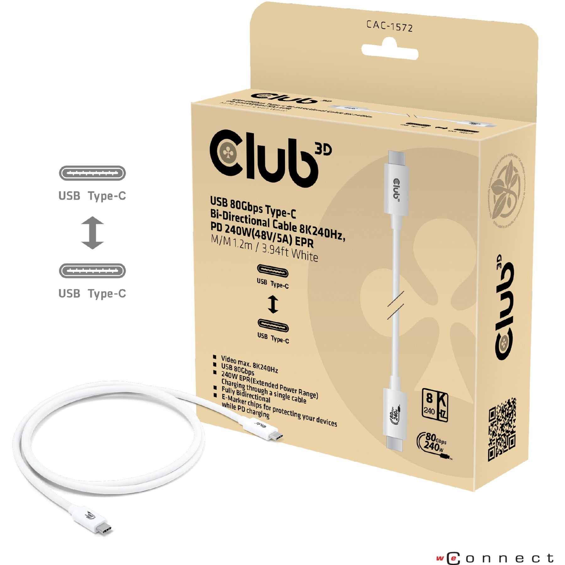 Club 3D USB-C 80Gbps gecertificeerd 240W 8k 240Hz