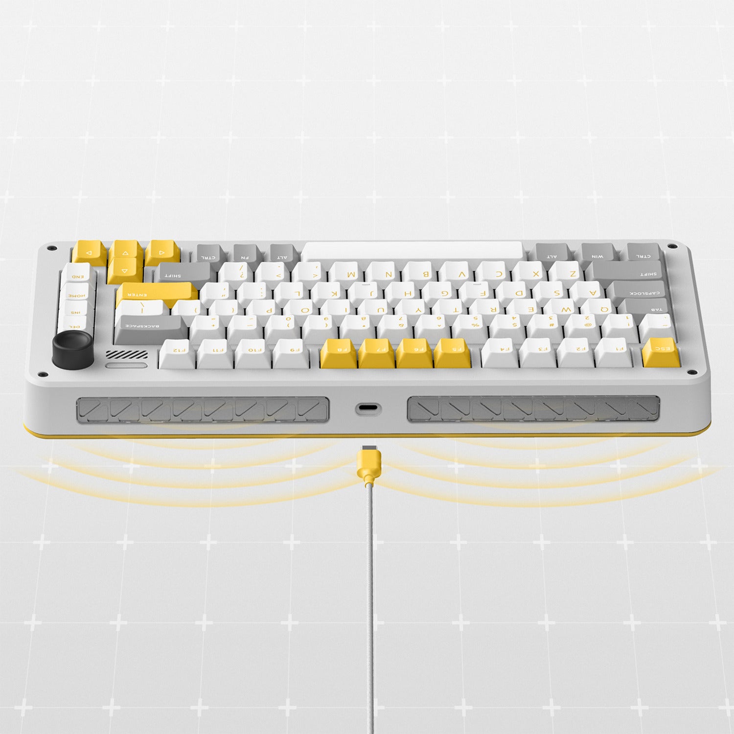 Ty iqunix zx75 gravi wave wireless mechanical keyboard, gaming toetsenbord (grijs geel, us lay-out, gateron red, rgb leds, 75%, hot-swappable, double-shot pbt, 2.4ghz | bluetooth 5.1 | usb-c)