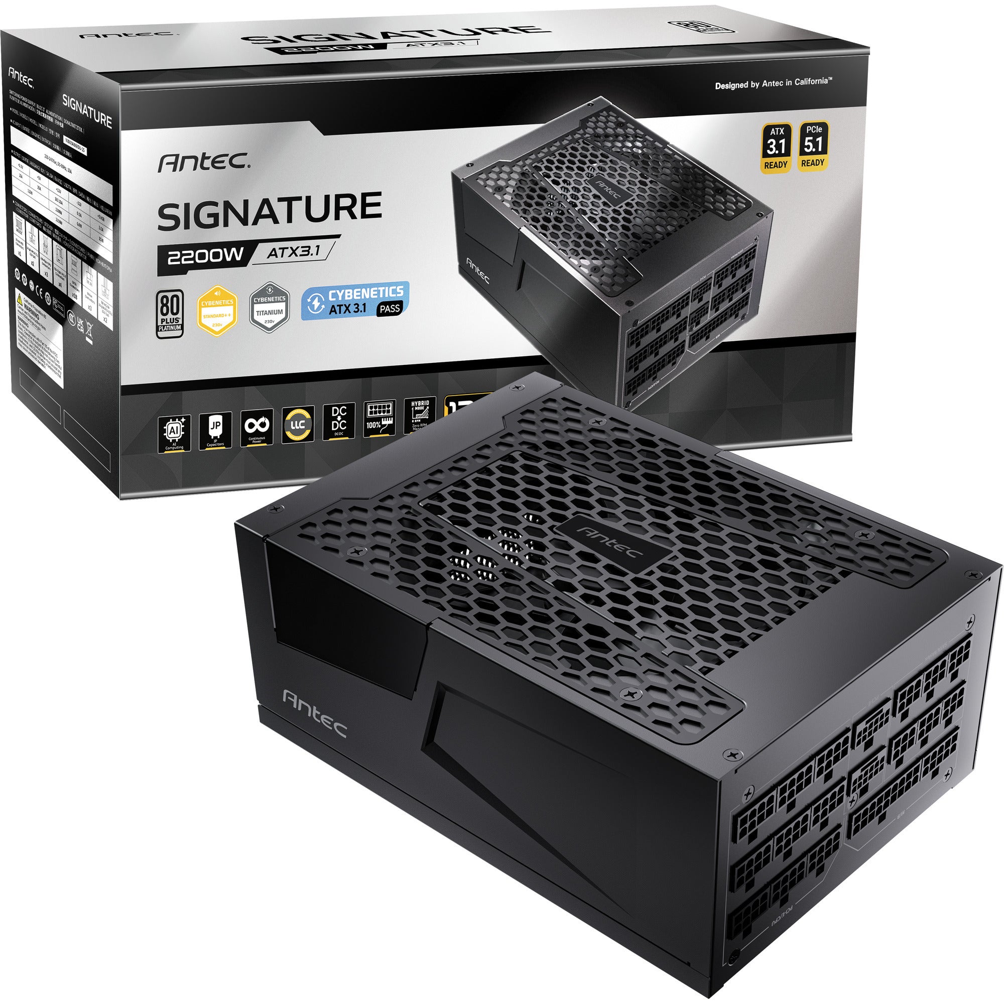 Antec signature 2200 platinum atx3.1 modulaire 2200 watt voeding (zwart, 2x 12v-2x6, 6x pcie)