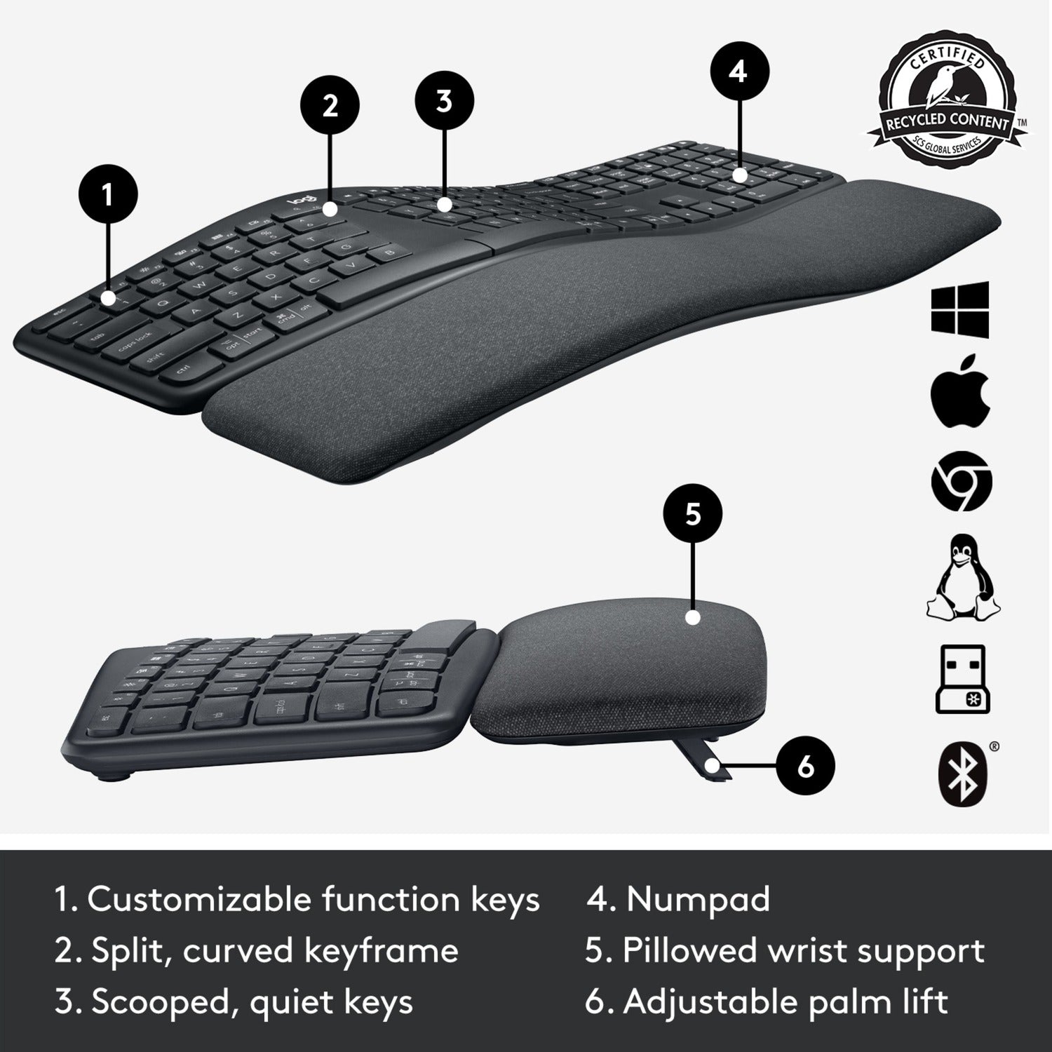 Logitech k860 ergo keyboard (zwart, 100%, bluetooth, us international iso)