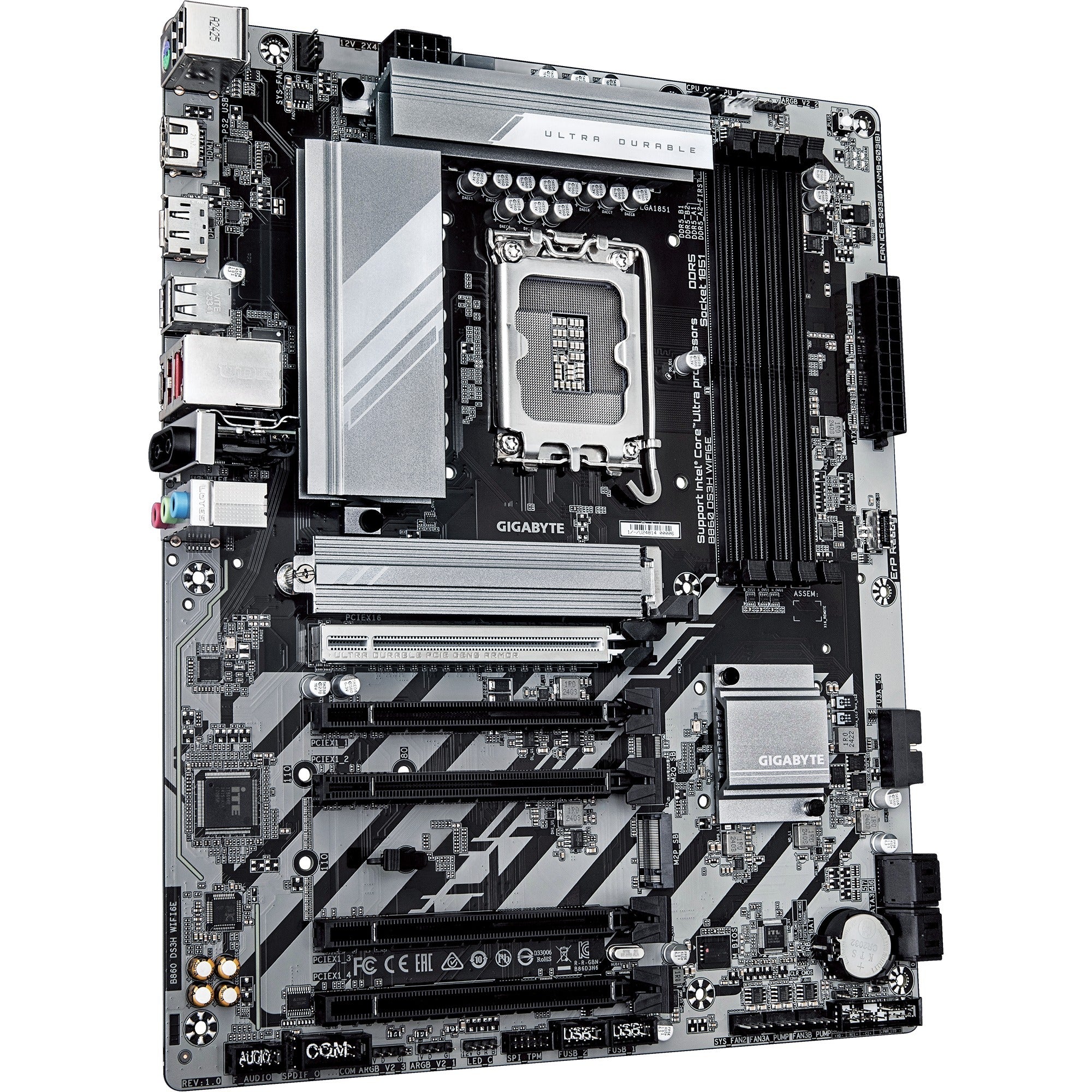 Gigabyte b860 ds3h wifi6e socket 1851 moederbord (zilver zwart, raid, 2.5gb-lan, wi-fi 6e, bt, sound, atx)