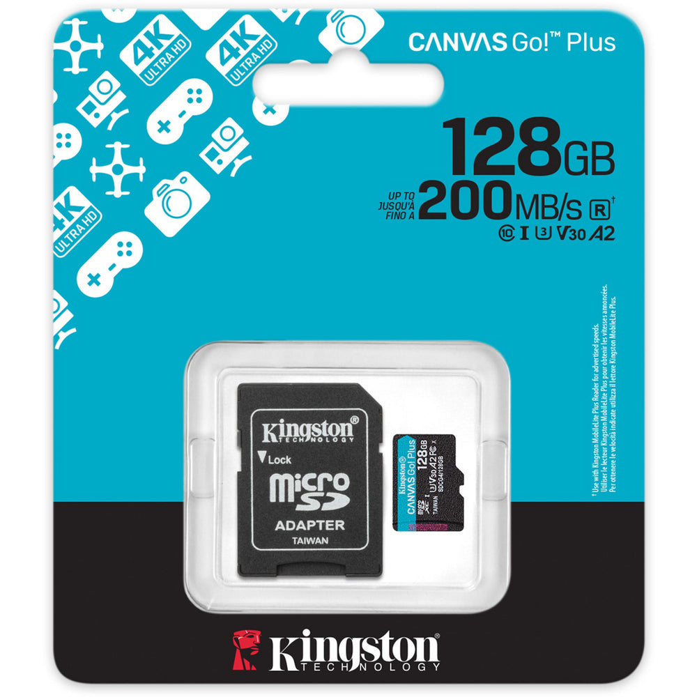 Kingston canvas go! plus microsdxc 128 gb geheugenkaart (zwart, incl. adapter, class 10, uhs-i u3, v30, a2)