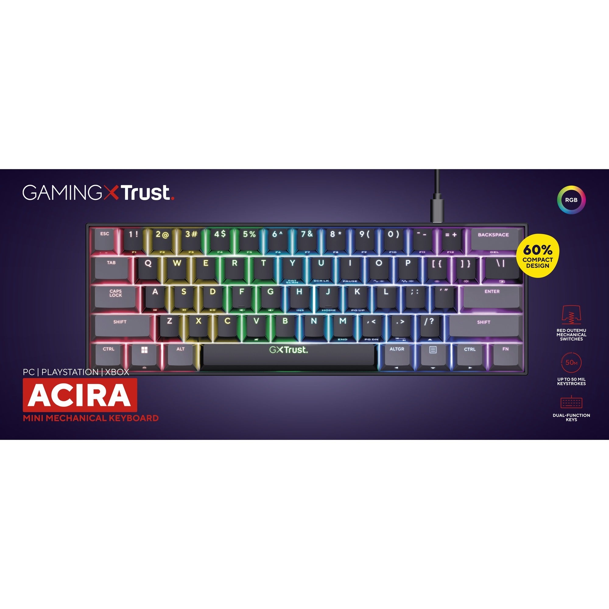 Trust gxt 867 acira 60% mini mechanisch gaming toetsenbord (zwart, us lay-out (qwerty), outemu red, 60%, rgb)