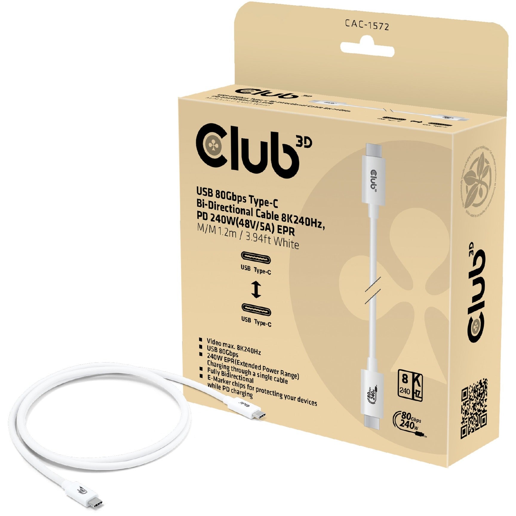 Club 3D USB-C 80Gbps gecertificeerd 240W 8k 240Hz