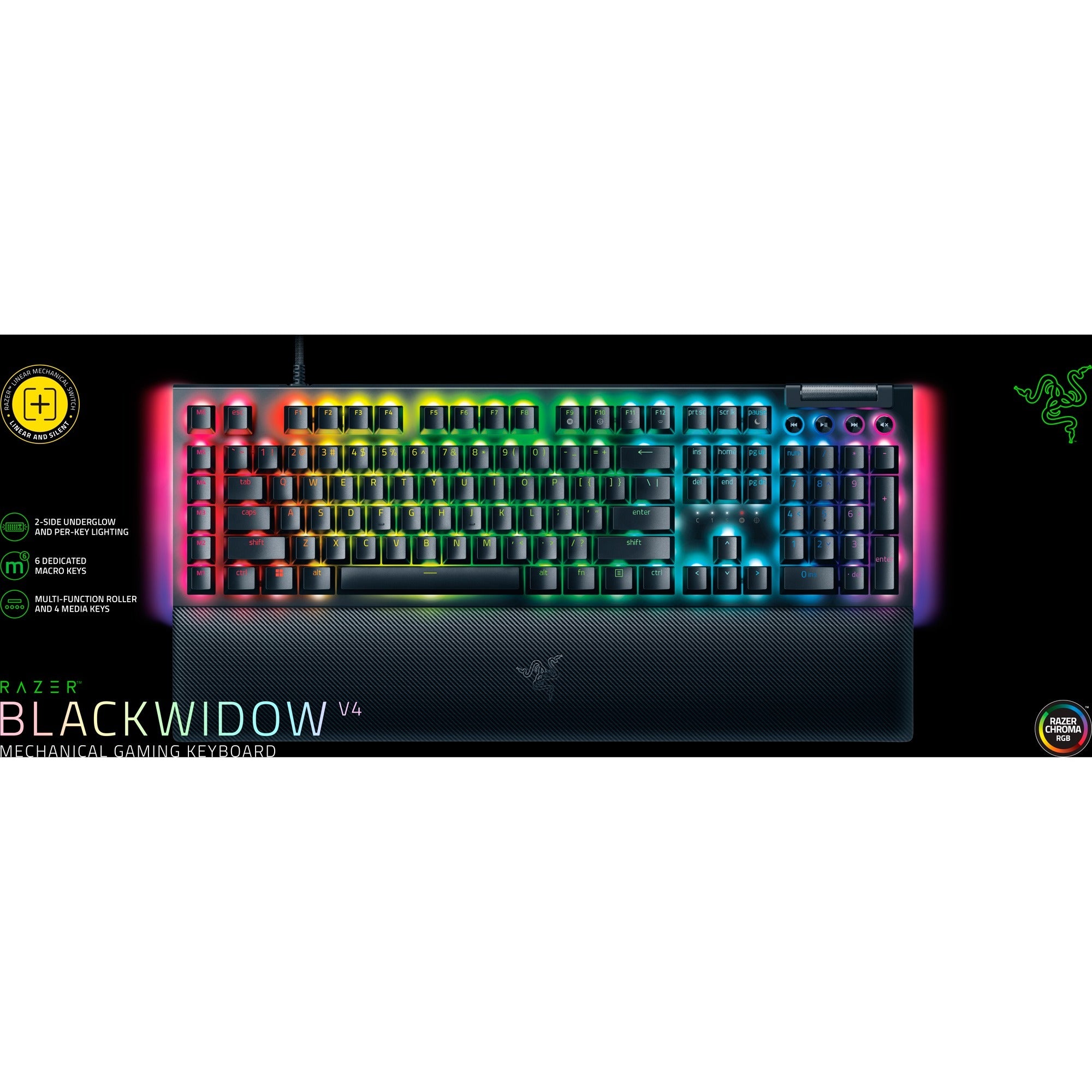 Razer blackwidow v4, gaming toetsenbord (zwart, us lay-out, yellow, rgb leds, doubleshot abs)