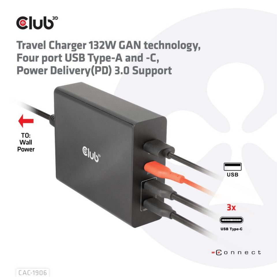 Club 3D Club 3D Reislader 132W GAN-technologie, Vier USB-poorten