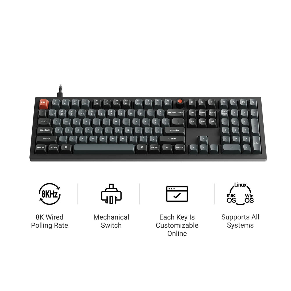 Keychron v6w-d3 8k qmk wired custom mechanical keyboard (zwart, us lay-out (qwerty), super brown, 100%, rgb leds, double-shot pbt, hot swap, 8k, knop)