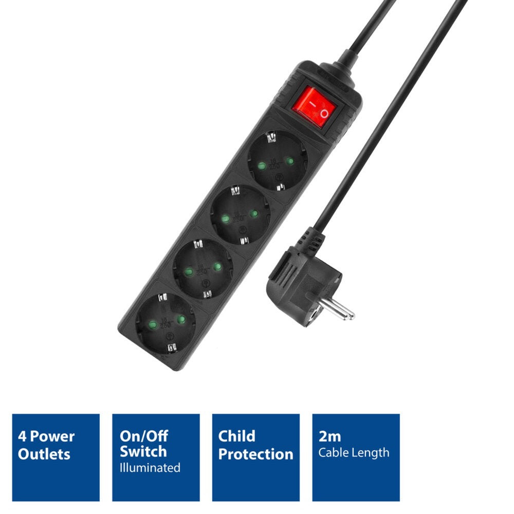 Act stekkerdoos met schakelaar, 4 sockets, 2 m, zwart