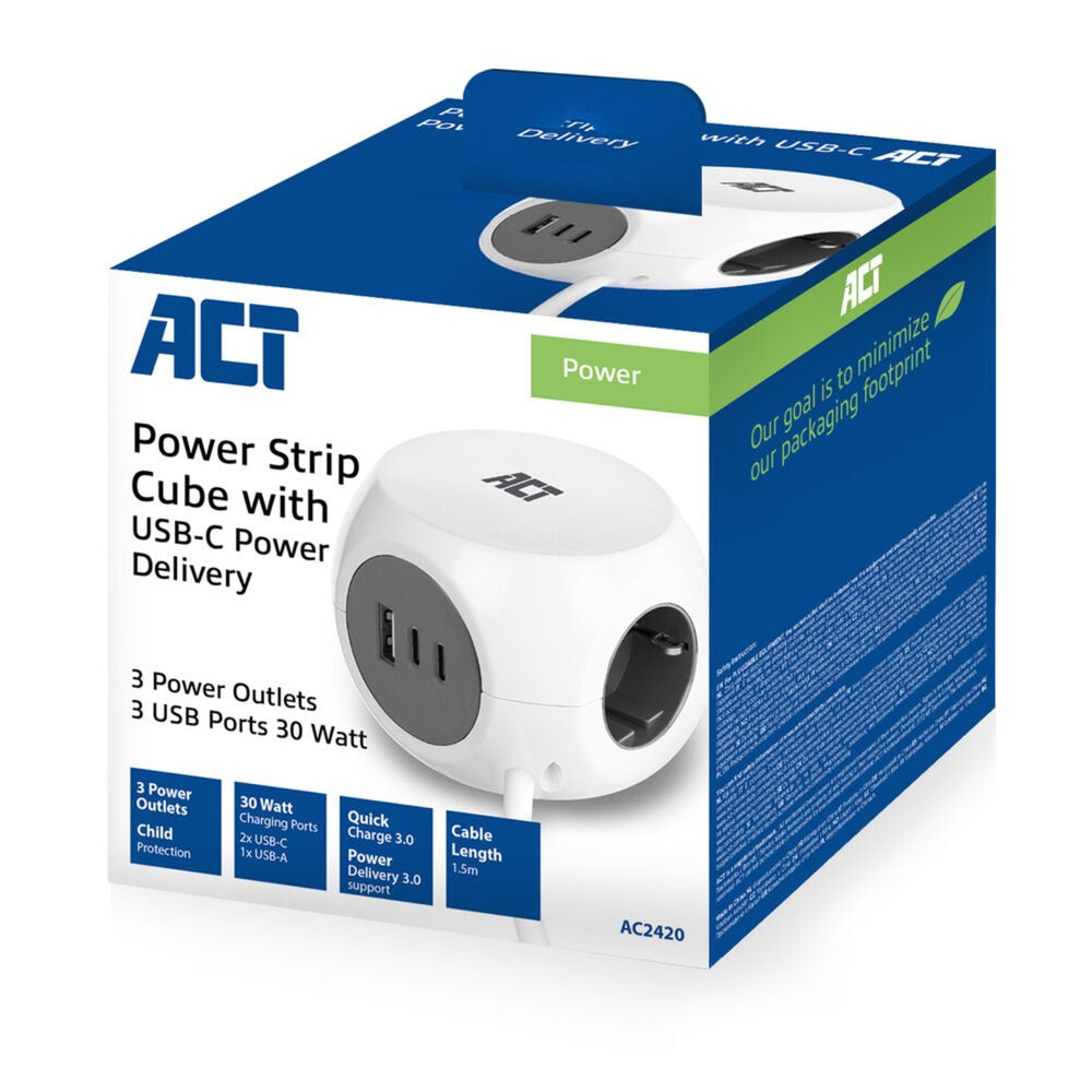 Act connectivity act stekkerdoos kubus met 3 stopcontacten, 30w power delivery usb-c a poorten, kabellengte 1,5m ac2420