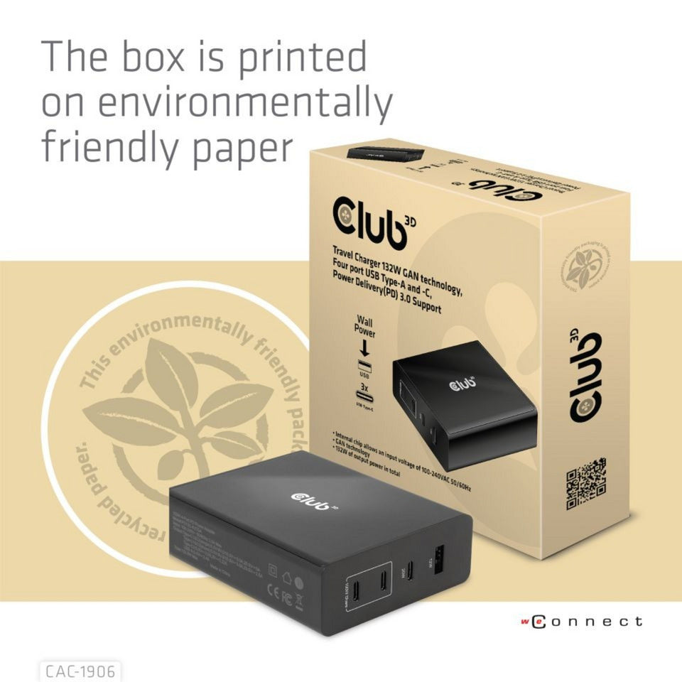 Club 3D Club 3D Reislader 132W GAN-technologie, Vier USB-poorten