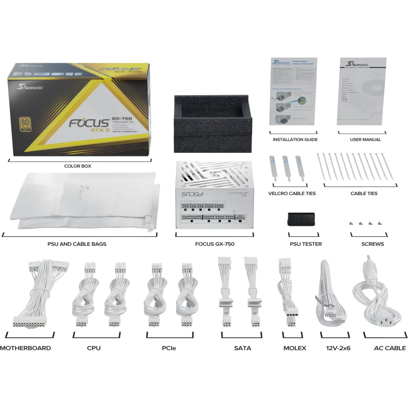 Seasonic focus-gx-750-v4 atx3.0 modulaire 750 watt voeding (wit, 1x 12vhpwr, 2x pcie)