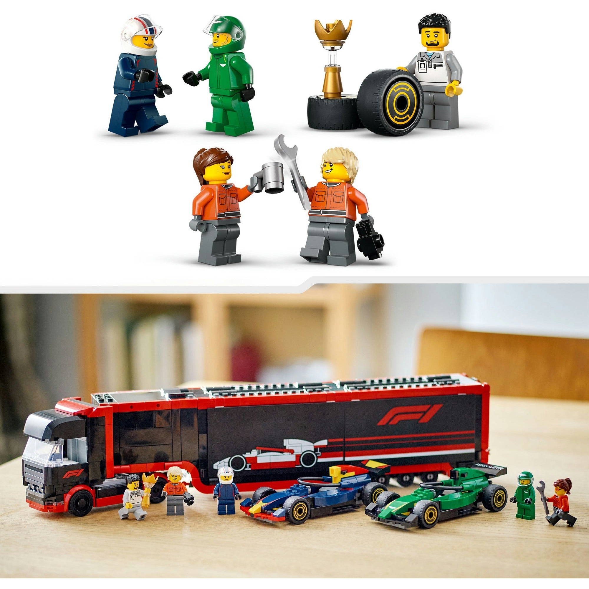 Lego city 60445 f1 vrachtwagen met rb20 en amr24 f1 auto's