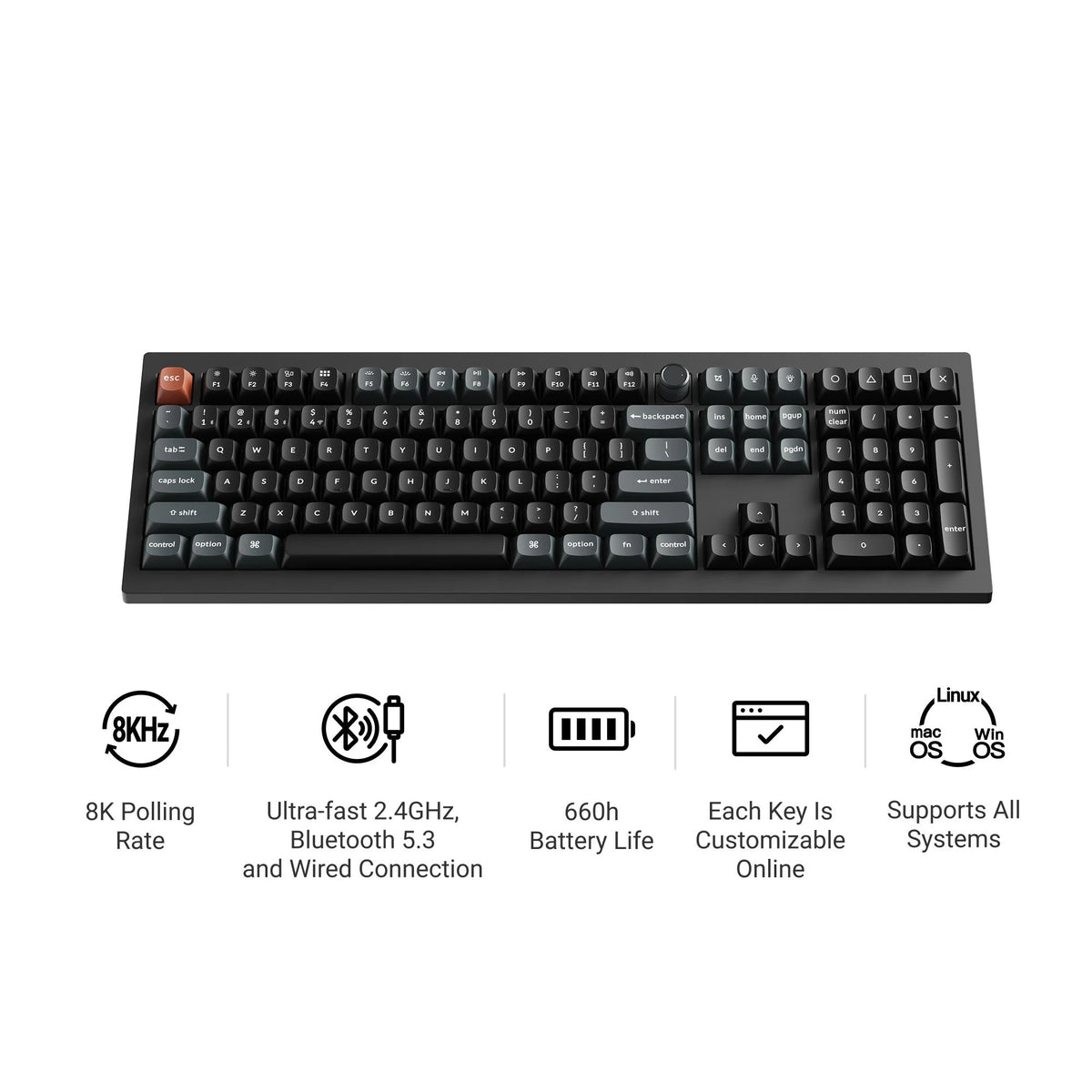 Keychron v6 ultra 8k wireless custom mechanical keyboard (zwart, us lay-out (qwerty), silk pom red, 100%, rgb, hot swap, 2.4 ghz | bluetooth 5.3 | usb-c)