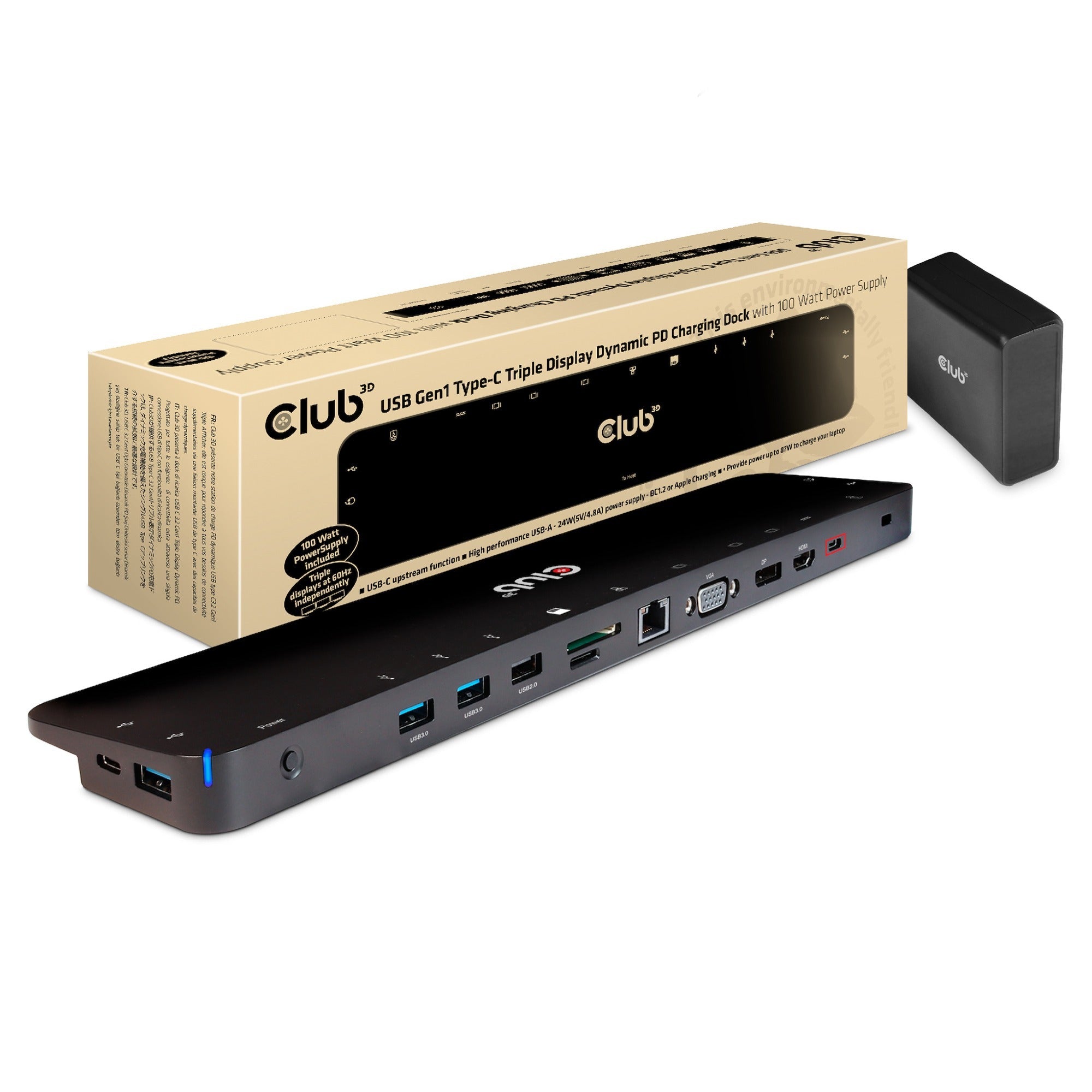 Club 3D Club 3D USB-C 3.2 Gen1 Drievoudig display Dynamisch PD-opladen