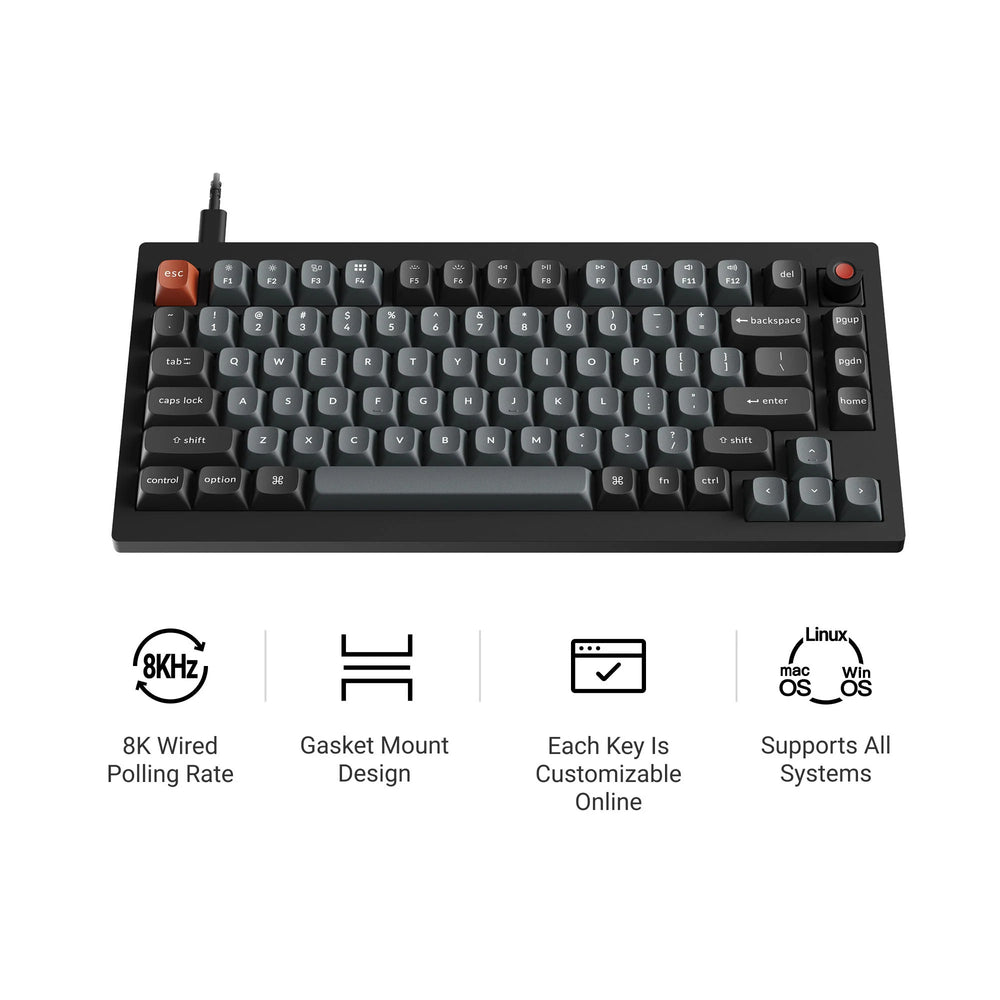 Keychron v1w-d1 8k qmk wired custom mechanical keyboard (zwart, us lay-out (qwerty), super red, 75%, rgb leds, double-shot pbt, hot swap, 8k, knop)