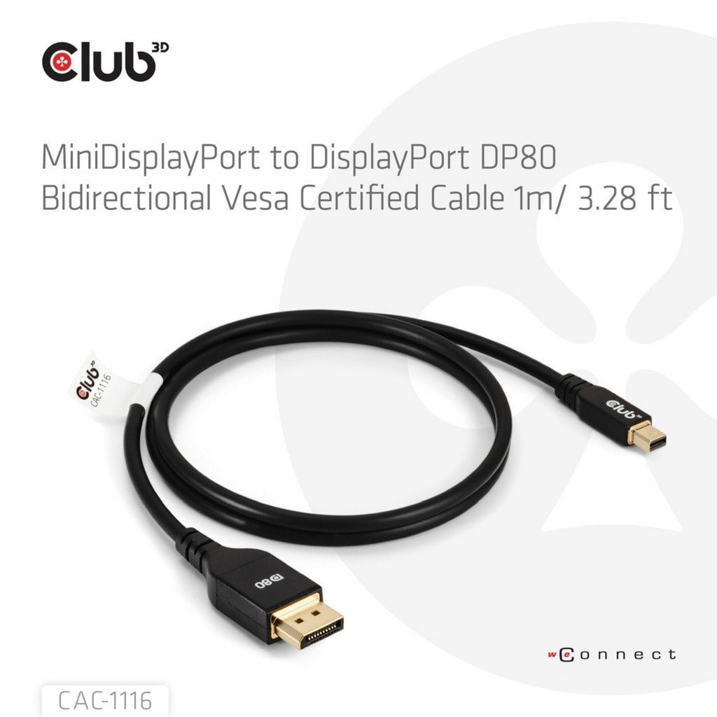 Club 3d minidisplayport naar displayport dp80 bidirectioneel adapter (zwart, 1 meter, vesa-gecertificeerd)