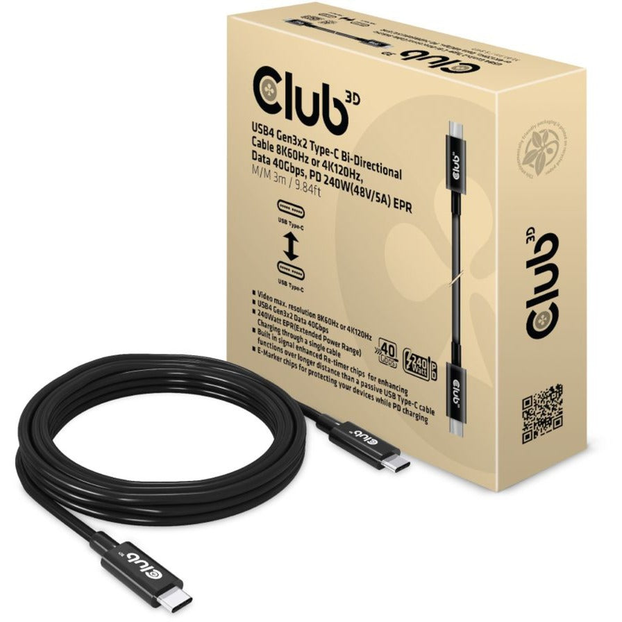 Club 3D Club 3D USB4 Gen3x2 Type-C Bi-Directionele kabel, 3 meter