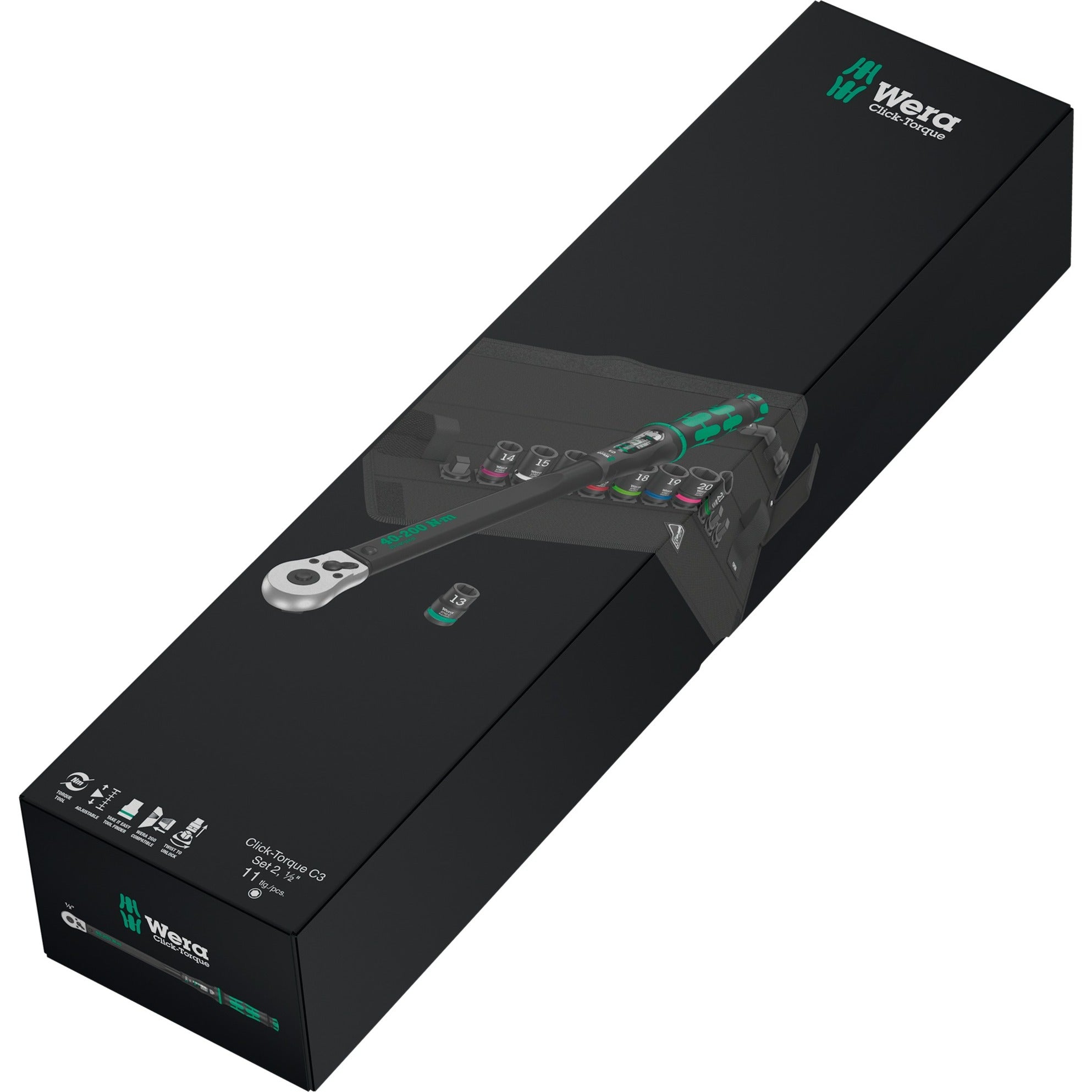 Wera click-torque c 3 set 2, 1 2 draaimomentsleutel (zwart groen, 11-delig, met omkeerbare ratel)