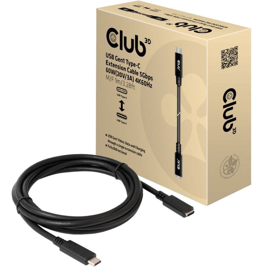 Club 3d usb-c 3.2 gen 1 verlengkabel (zwart, 1 meter, 60 w)