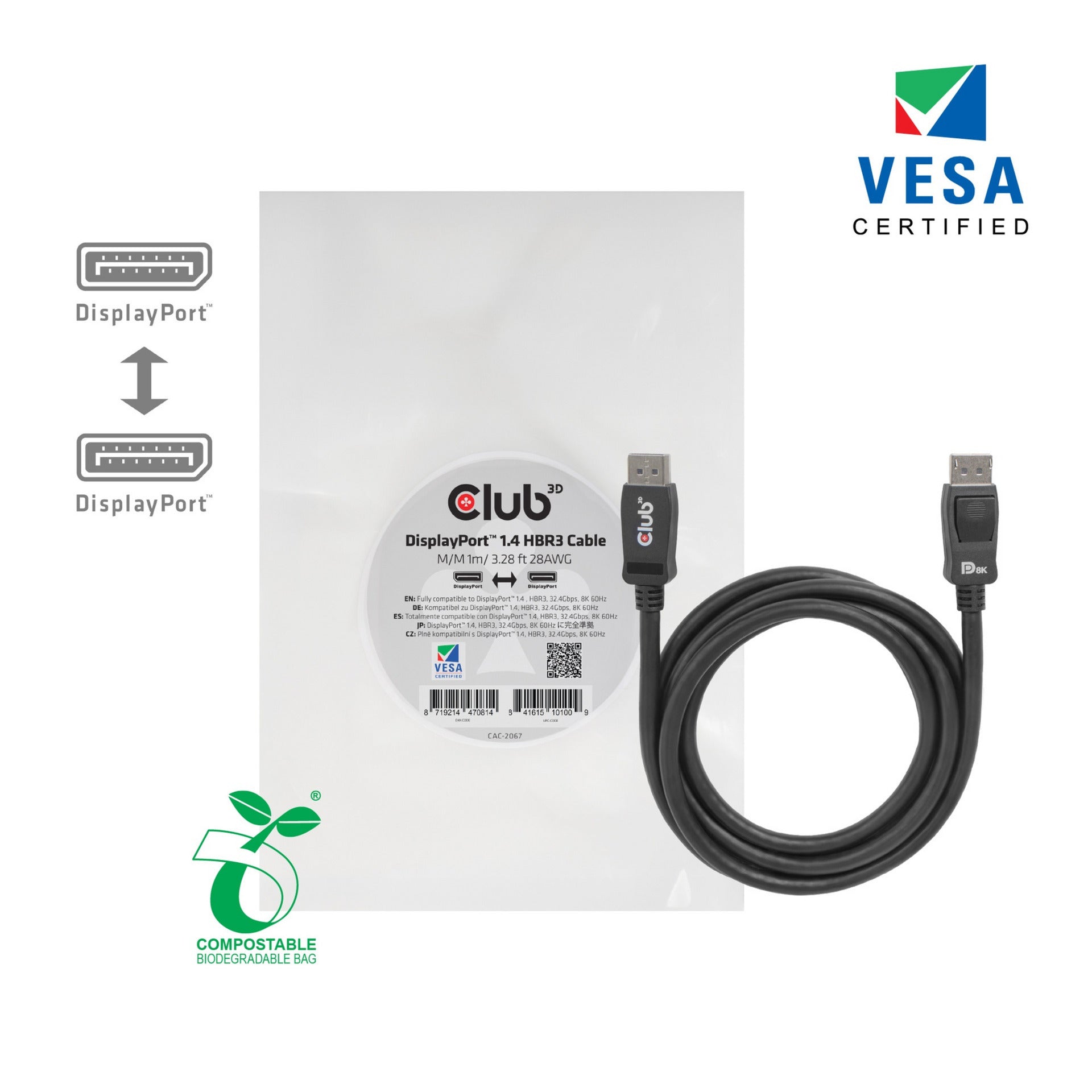 Club 3D DisplayPort 1.4 HBR3 Cable (Black, 1 Meter, 8K)