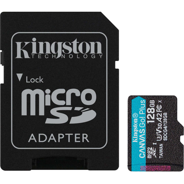 Kingston canvas go! plus microsdxc 128 gb geheugenkaart (zwart, incl. adapter, class 10, uhs-i u3, v30, a2)