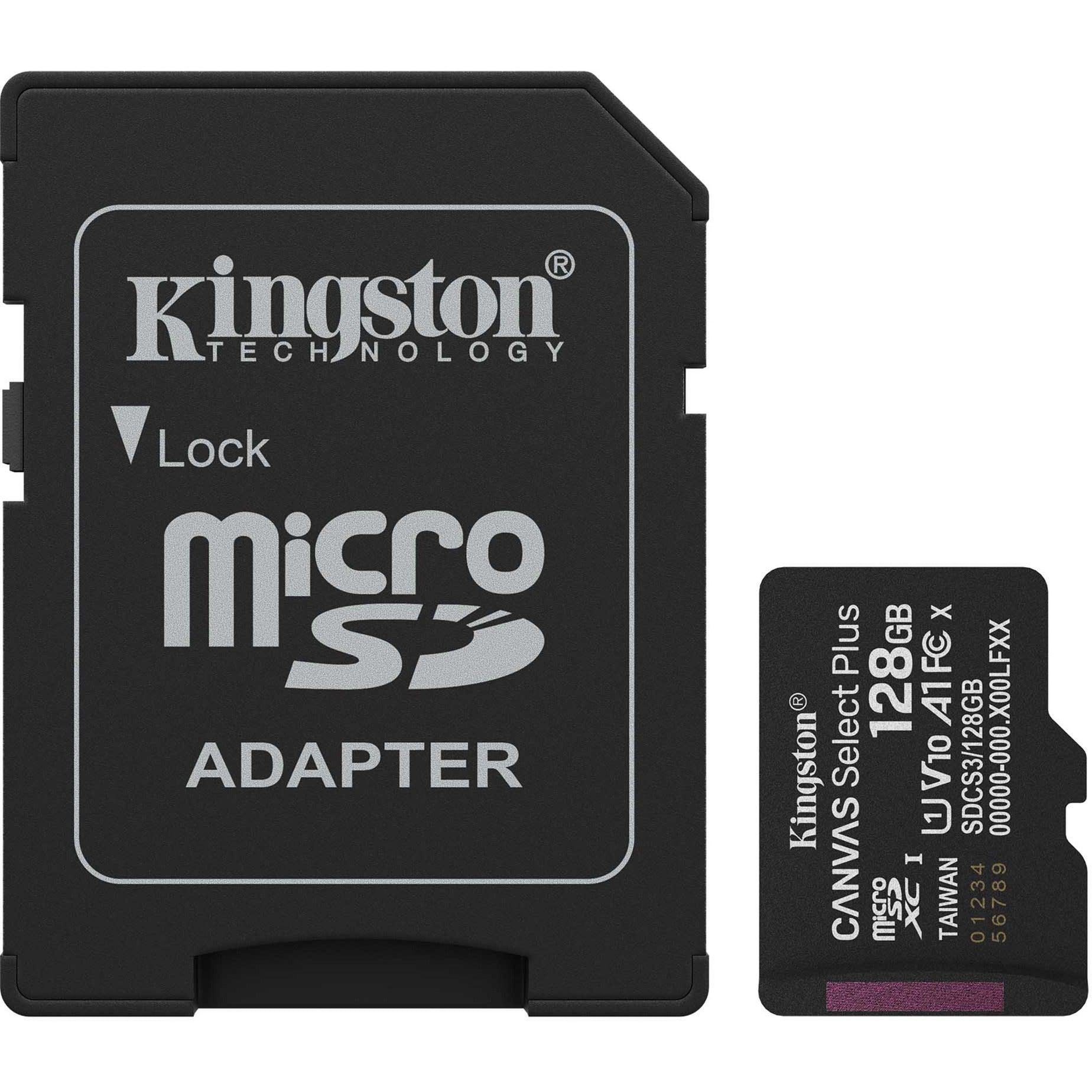 Kingston canvas select plus 128 gb microsdxc geheugenkaart (zwart, uhs-i u1, class 10, v10, incl. sd adapter)